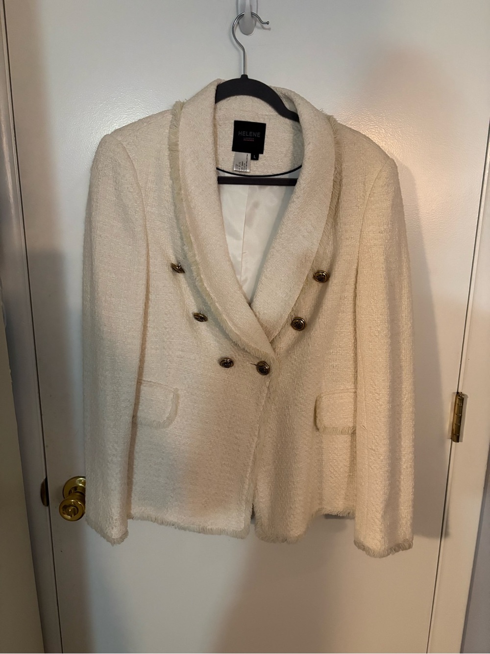 Helene White Double-Breasted Bouclé Blazer with Shawl Collar